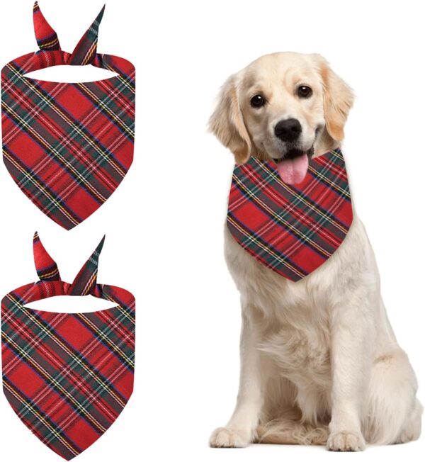 MEISH 2 Pieces Tartan Dog Christmas Bandanas Holiday Plaid Dog Bandanas Plaid Triangle Dog Kerchief for Dogs Cats Pets