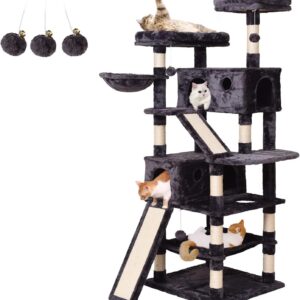 MQ Cat Tree Cat Tower 70.1 in, Multi Level Cat Scratching Post with Condos, Ladders, Basket, Hammock & Plush Perches for Kittens, Large Cats, Smoky Gray