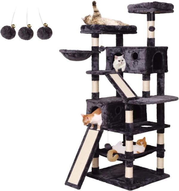 MQ Cat Tree Cat Tower 70.1 in, Multi Level Cat Scratching Post with Condos, Ladders, Basket, Hammock & Plush Perches for Kittens, Large Cats, Smoky Gray