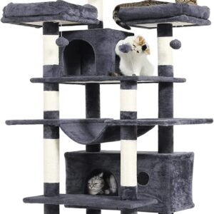 MSmask 67" Large Cat Tree, Multi-Level Cat Tower with 3 Top Perches, 2 High Plush Condos, Scratching Posts, Stable Activity Center with Pedals/Hammock/Spring Ball for Kitten/Big Cat