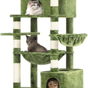 MSmask Cat Tree 76 inches, Tall Cat Tower with 3 Types of Hammocks, Multi-Level Cat Activity Center for Indoor Cats with 2 Cat Condo, 2 Perches, Scratching Posts, Climbing Tree, Green