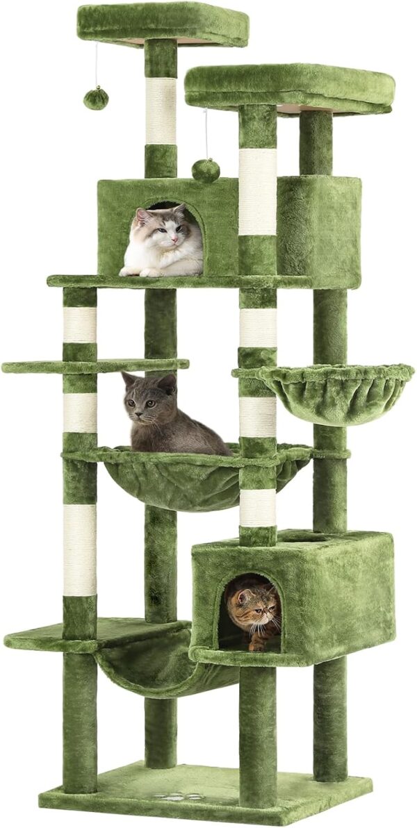 MSmask Cat Tree 76 inches, Tall Cat Tower with 3 Types of Hammocks, Multi-Level Cat Activity Center for Indoor Cats with 2 Cat Condo, 2 Perches, Scratching Posts, Climbing Tree, Green