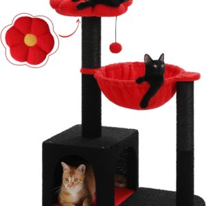 MUTTROS Flower Cat Tree with Black Scratching Posts, 35" Gothic Cat Tower with Large Metal Frame Hammock for Small Indoor Cats, Coffin Cat Condo with Cute Perch for Kittens Halloween, Black