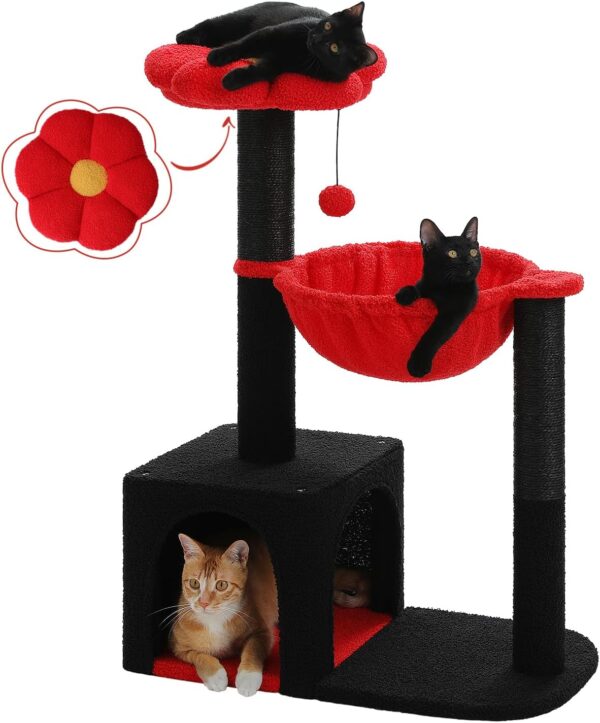 MUTTROS Flower Cat Tree with Black Scratching Posts, 35" Gothic Cat Tower with Large Metal Frame Hammock for Small Indoor Cats, Coffin Cat Condo with Cute Perch for Kittens Halloween, Black