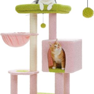 MUTTROS Flower Pink Cat Tree, 35.4" Cute Cat Tower Cat Condo for Indoor Cats w/Large Padded Perch, Cat Scratching Post, Comfy Hammock, and Dangling Ball, for Small-Medium Cats, Green