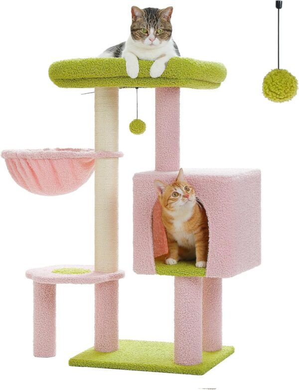 MUTTROS Flower Pink Cat Tree, 35.4" Cute Cat Tower Cat Condo for Indoor Cats w/Large Padded Perch, Cat Scratching Post, Comfy Hammock, and Dangling Ball, for Small-Medium Cats, Green