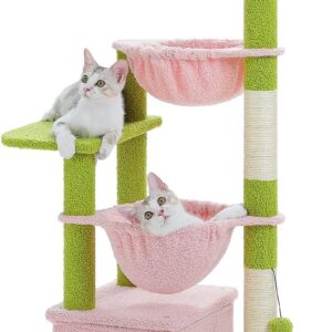 MUTTROS Pink Cat Tree, 47.6" Cat Tower with 2 Metal Frame Hammock, Cat Scratching Post for Indoor Cats with 2 Removable Pompom Sticks for Kittens, Pink