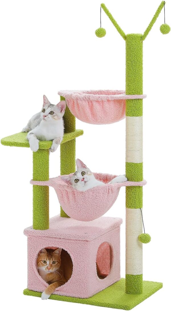 MUTTROS Pink Cat Tree, 47.6" Cat Tower with 2 Metal Frame Hammock, Cat Scratching Post for Indoor Cats with 2 Removable Pompom Sticks for Kittens, Pink