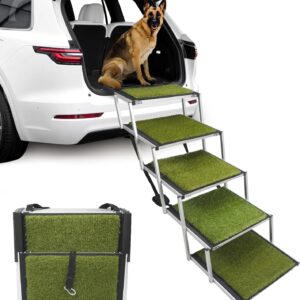 Maxpama Extra Wide Grass Aluminum Folding Dog Ramp for Large Dogs Portable Dog Car Step Dog Stair with Nonslip Surface Foldable Pet Stair for High Bed Truck and SUV Lightweight Pet Ladder