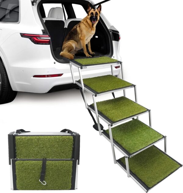 Maxpama Extra Wide Grass Aluminum Folding Dog Ramp for Large Dogs Portable Dog Car Step Dog Stair with Nonslip Surface Foldable Pet Stair for High Bed Truck and SUV Lightweight Pet Ladder