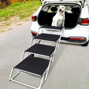 Meeks 4 Step Foldable Aluminum Frame Dog Car Stairs, Portable &Lightweight Pet Stairs, The Widest and Deepest Ladder on The Market, Nonslip Pet Ramp for Cars, Trucks and SUVs, Support 150 to 200 lbs