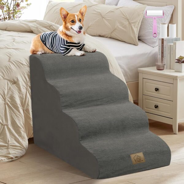 Mestuel Dog Stairs for High Bed, 4 Steps Pet Stair Ramp for Small Large Dogs Cats, 20‘’H Foam Dog Steps Ladder to Bed Sofa. Dog Ramp Nonslip Hold Up to 60 lbs for Old Injured Pets, Lint Roller Set