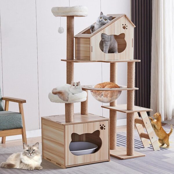 Modern Cat Tree Tower, Cat Tower Sisal-Covered Scratching Posts for Indoor Cats, Wood Cat Tree for Large Cats, Multi-Level Cat Condo with Space Capsule Nest Hammock, Cat Furniture Activity Centre B28