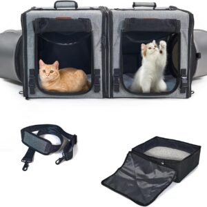 Moysoon Portable Twin Compartment Show House Cat Cage/Condo - Comfy Kitten Home & Cat Travel Crate - Easy to Fold & Carry Kennel - with Portable Carry Bag/Two Hammocks/Mats and Collapsible Litter Box