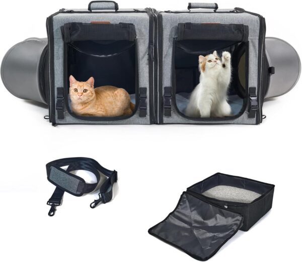 Moysoon Portable Twin Compartment Show House Cat Cage/Condo - Comfy Kitten Home & Cat Travel Crate - Easy to Fold & Carry Kennel - with Portable Carry Bag/Two Hammocks/Mats and Collapsible Litter Box