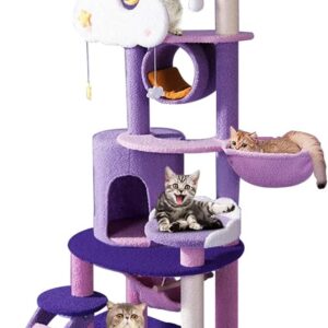 Multi-Level Cat Tower, Cute Purple Cat Tree for Large Cats 67 Inches Cat Condos for Indoor Cats Kitten House with Scratching Posts & Hammock, Pet Cat Castle with Comfortable Plush