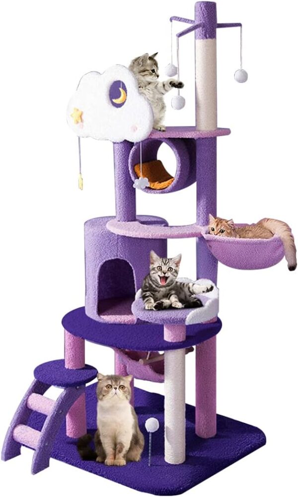 Multi-Level Cat Tower, Cute Purple Cat Tree for Large Cats 67 Inches Cat Condos for Indoor Cats Kitten House with Scratching Posts & Hammock, Pet Cat Castle with Comfortable Plush