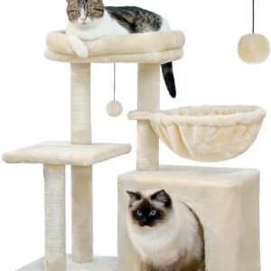 PEQULTI Cat Tree Small Cat Tower for Indoor Cats, Cat Activity Tree with Cat Condo, Large Cat Perch, Cat Scratching Post and Cat Hammock for Medium or Small Cats