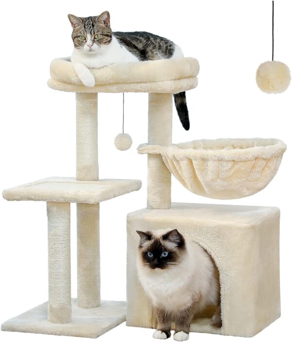 PEQULTI Cat Tree Small Cat Tower for Indoor Cats, Cat Activity Tree with Cat Condo, Large Cat Perch, Cat Scratching Post and Cat Hammock for Medium or Small Cats