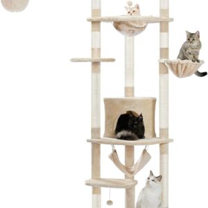 PEQULTI Floor to Ceiling Cat Tree 92.9’’-101.6’’ Height Adjustable Cat Tower Tall Kitty Climbing Play House with Scratching Posts, Cozy Condo, Perches and Large Hammock for Indoor Cats Beige