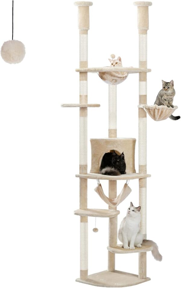 PEQULTI Floor to Ceiling Cat Tree 92.9’’-101.6’’ Height Adjustable Cat Tower Tall Kitty Climbing Play House with Scratching Posts, Cozy Condo, Perches and Large Hammock for Indoor Cats Beige