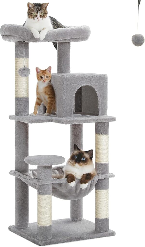 PETEPELA 45.7" Cat Tree for Indoor Cats, 5-Level Cat Tower for Large Cats with Metal Frame Large Hammock (17.3"x15.3"), Cat Condo with (18.5"x13") Big Top Perch & 4 Sisal Covered Scratching Post Grey