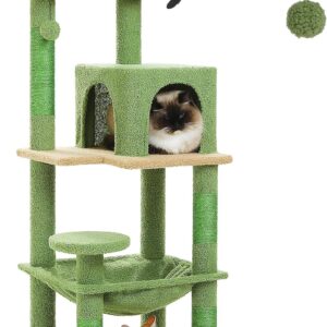 PETEPELA 45.7" Cat Tree for Indoor Cats, Cactus Cat Tower for Large Cats with Metal Frame Large Hammock (17.3"x15.3"), Cat Condo with (18.5"x13") Big Top Perch & 4 Sisal Covered Scratching Posts,Green