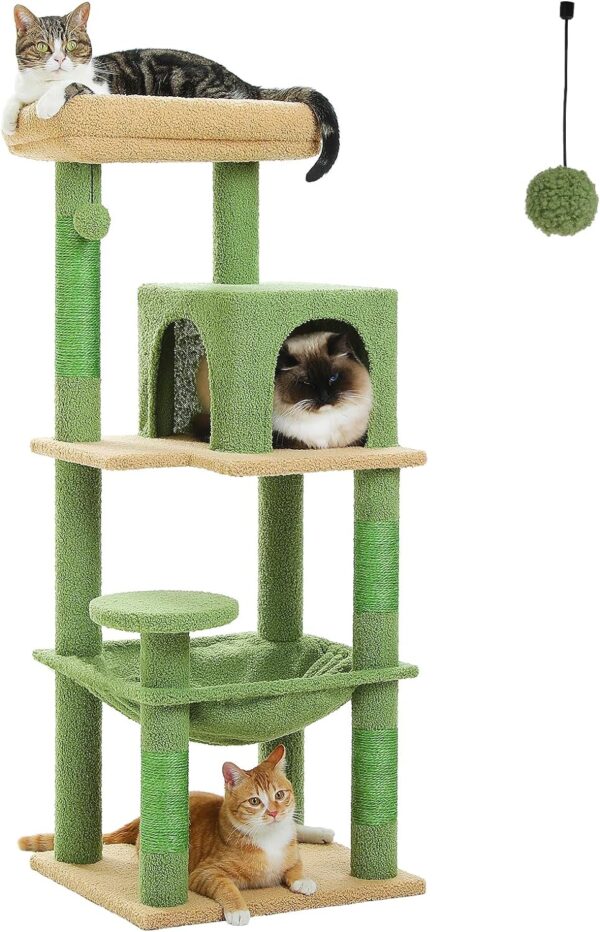 PETEPELA 45.7" Cat Tree for Indoor Cats, Cactus Cat Tower for Large Cats with Metal Frame Large Hammock (17.3"x15.3"), Cat Condo with (18.5"x13") Big Top Perch & 4 Sisal Covered Scratching Posts,Green