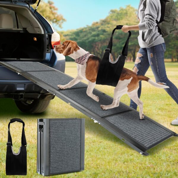 PLYFOU Dog Ramp for Car - 71" Extra Long Folding Dog Steps for Car, Shock Absorption Strips, Portable and Easy to Carry - Non-Slip Dog Ramps for Large Dogs Up to 250lbs Enter a Car, SUV, Truck