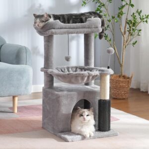 Pawfessor 5 in 1 Cat Tree 32 Inches Cat Tower with Self Groomer,15.7”Large Hammock, Fully Scratching Post, Removable Top Perch and Wide Condo for Indoor Cats-Gray