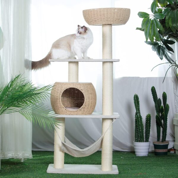 Pawlabay Wood Cat Tree for Indoor Cats, 52.4 Inch Tall, with Scratching Post and Hammock