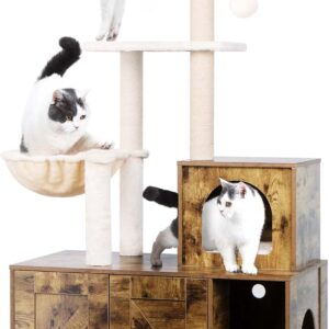 Petfamily Cat Litter Box Enclosure with Cat Tree, Wooden Cat Condo Cat Tower Indoor Cat House Hidden Washroom Furniture with Scartching Post and Hammock