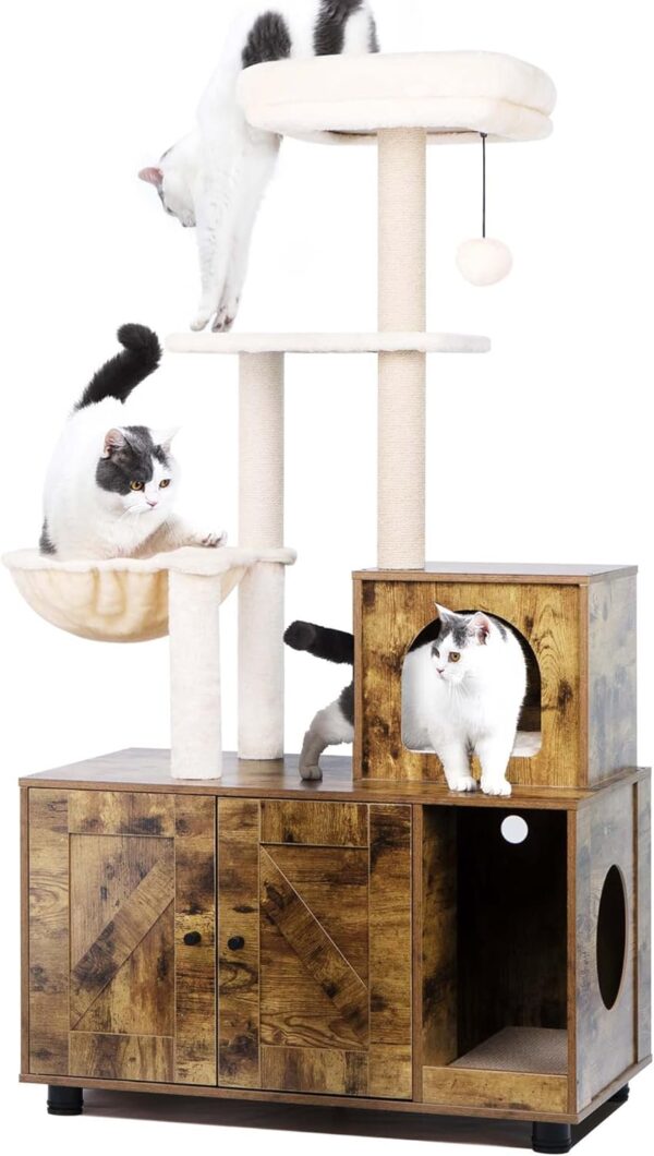 Petfamily Cat Litter Box Enclosure with Cat Tree, Wooden Cat Condo Cat Tower Indoor Cat House Hidden Washroom Furniture with Scartching Post and Hammock