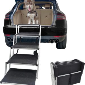 Petshug 5-StepDog Ramp for Car Pet Dog Ramp for Large Dogs, Pet Stair Folding Dog Ladder for Trucks, Cars, SUVs & High Bed, Supports Up to 150 Lbs