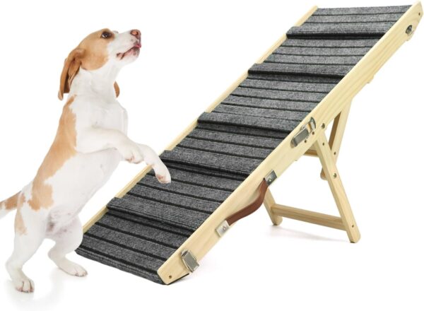 QWORK Foldable Dog Ramp for Couch | Wooden Pet Ramp with 5 Adjustable Heights & Slip-Resistant Carpet | for Injured, Elder, or Small Pets, Folding Portable Dog Car Ramps, for Car Couch Bed Stairs