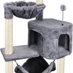 ROYPET Newest Cat Tree With BiG Cat Condo And Big Hammock Hanging Bed，Grey