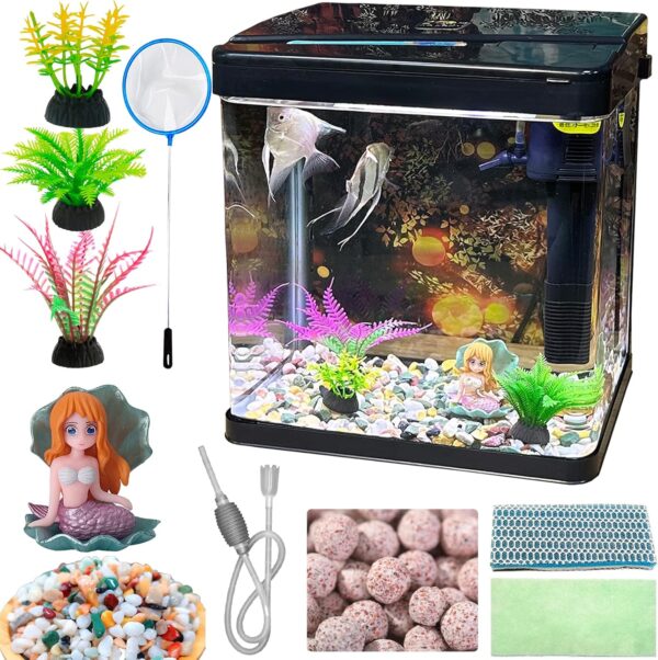 SANOSY Glass Fish Tank 2.3 Gallon Aquarium Starter Kit Small Betta Fish Tank Desktop Mini Fish Bowl for Shrimp Small Fish with Pump LED Light Simulated Water Plants and Filtering Materials (Black)