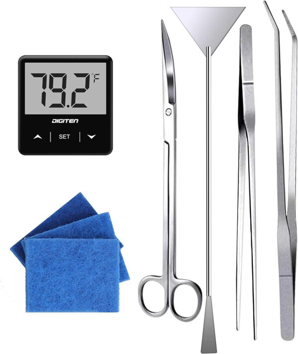 SENSTREE Aquarium Starter kit, The Package includes a Fish Tank Thermometer, aquascape Tool kit with a Sand Spatula, Straight Tweezers, Curved Tweezers, Curved Scissors, Handheld Sponge pad(3 PCS)