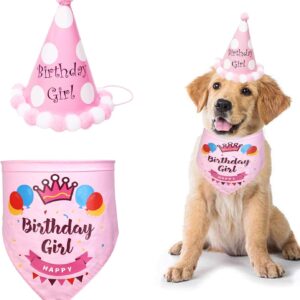 SUOXU Girl Dog Birthday Bandana,Cute Dog Birthday Party Hat Cotton Triangle Scarf,Great Puppy Dog Birthday Outfit,Pet Happy Birthday Bandana Gift and Party Supplies Decoration Set