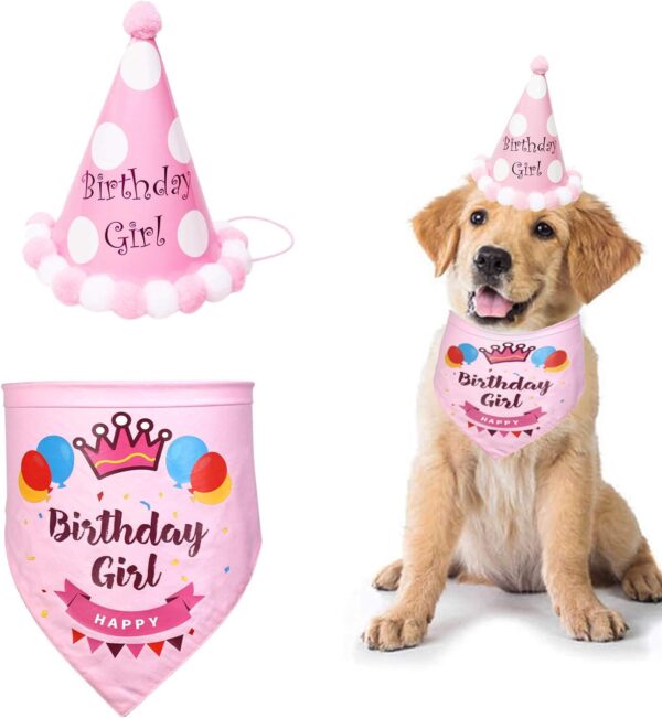 SUOXU Girl Dog Birthday Bandana,Cute Dog Birthday Party Hat Cotton Triangle Scarf,Great Puppy Dog Birthday Outfit,Pet Happy Birthday Bandana Gift and Party Supplies Decoration Set