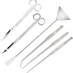 Segarty Aquarium Aquascaping Tools, 6 in 1 Stainless Steel Silver Aquascaping Tools Kit for Aquatic Plant Fish Tank, Long Scrapers Spatula Feeding Tweezers Curved Straight Scissors Aquarium Tools