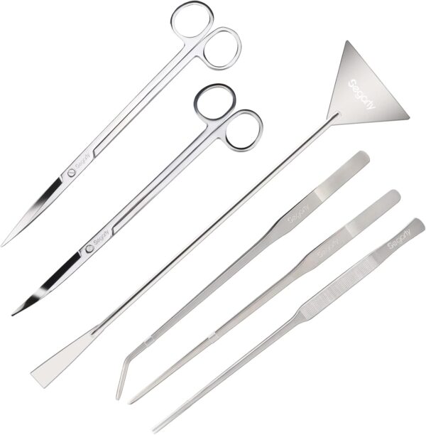 Segarty Aquarium Aquascaping Tools, 6 in 1 Stainless Steel Silver Aquascaping Tools Kit for Aquatic Plant Fish Tank, Long Scrapers Spatula Feeding Tweezers Curved Straight Scissors Aquarium Tools