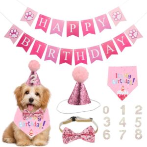 Set of 5 Dog Birthday Bandana Hat Banner Triangle Scarfs Birthday Party Supplies for Small Medium Dogs Cats Costumes Headwear (Pink)