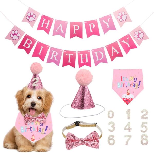 Set of 5 Dog Birthday Bandana Hat Banner Triangle Scarfs Birthday Party Supplies for Small Medium Dogs Cats Costumes Headwear (Pink)