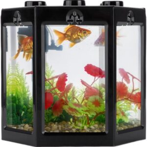 Small Betta Fish Tank, Hex Shape Portable Mini Aquarium Tank, Fish Tank Starter Kits Fish Bowl Aquarium Starter Kits for Turtle Reptile Shrimp Moss Crab Insects Habitat as Decoration(Black)