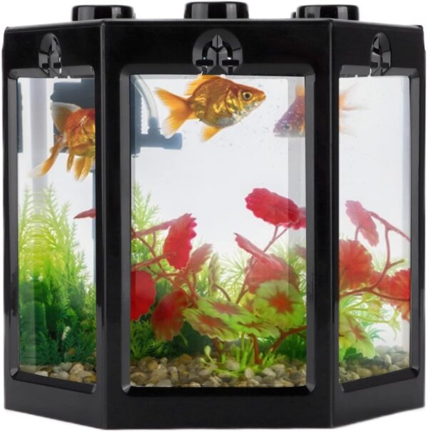 Small Betta Fish Tank, Hex Shape Portable Mini Aquarium Tank, Fish Tank Starter Kits Fish Bowl Aquarium Starter Kits for Turtle Reptile Shrimp Moss Crab Insects Habitat as Decoration(Black)