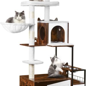 Snughome Cat Tree with Litter Box Enclosure, 3-in-1 Modern Cat Tower for Indoor Cats, Hidden Cat Litter Box Furniture with Cat Condo, Food Station and Hammocks, All-in-one Cat Furniture, Rustic Brown