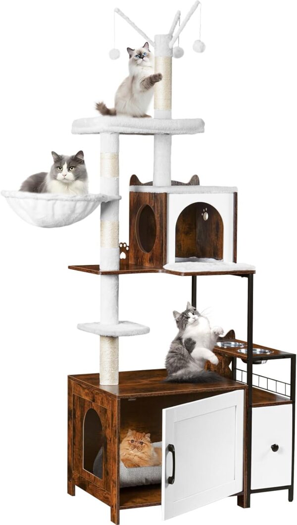 Snughome Cat Tree with Litter Box Enclosure, 3-in-1 Modern Cat Tower for Indoor Cats, Hidden Cat Litter Box Furniture with Cat Condo, Food Station and Hammocks, All-in-one Cat Furniture, Rustic Brown