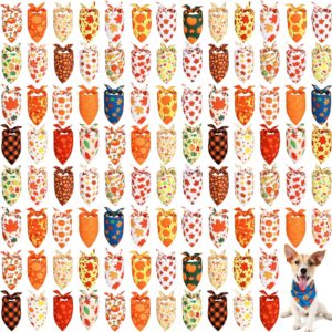 Sweetude 100 Pieces Fall Dog Bandanas Bulk, Thanksgiving Bandanas for Dogs Pumpkin Maple Leaves Pattern Pet Triangle Scarf, Puppy Dog Kerchief Bibs for Medium Small Pets Autumn Costume Accessories