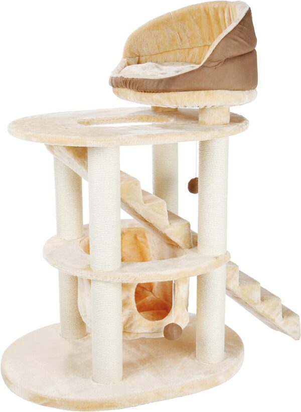 TRIXIE Elsa Senior Cat Tower with Scratching Posts, Hammock, Stairs, Top Platform Bed, Dangling Pom-Pom Beige